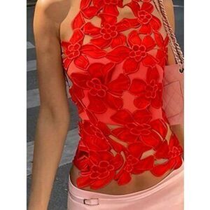Red Casual Women's Halter Neck 3D Floral Appliqu Top